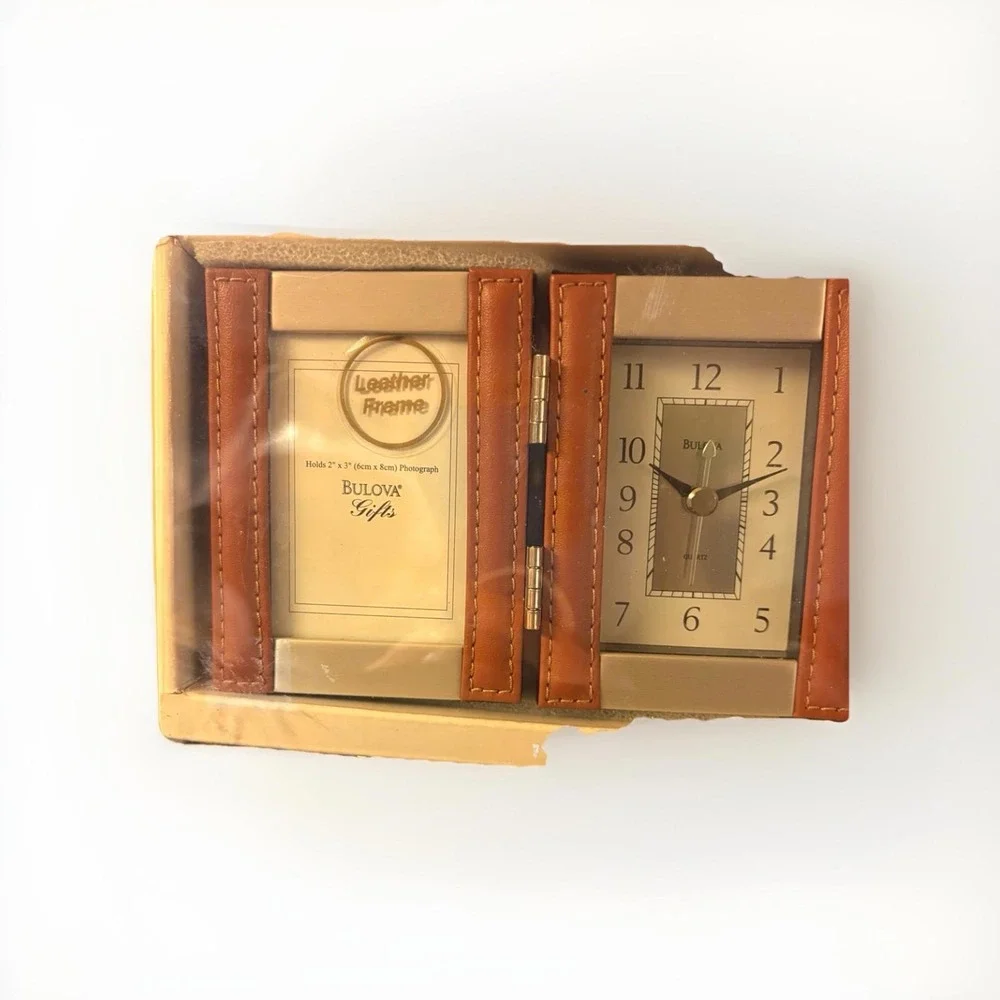 Bulova Gift Box Tan Leather Picture Frame L, Photo Album And Clock In Box New